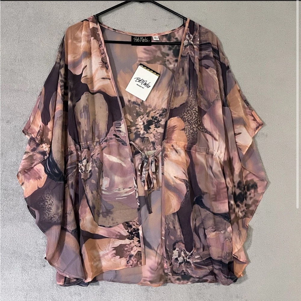 Sheer Floral Kimono Cardigan cinch tie waist